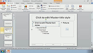 Microsoft PowerPoint 2010: Customizing a Design Template thumbnails on a slider